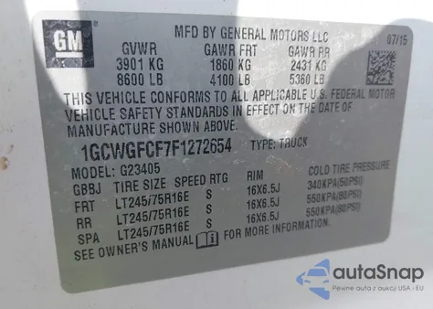 2015 Chevrolet Express 2500 Work Van z USA, uszkodzony, nr VIN 1GCWGFCF7F1272654